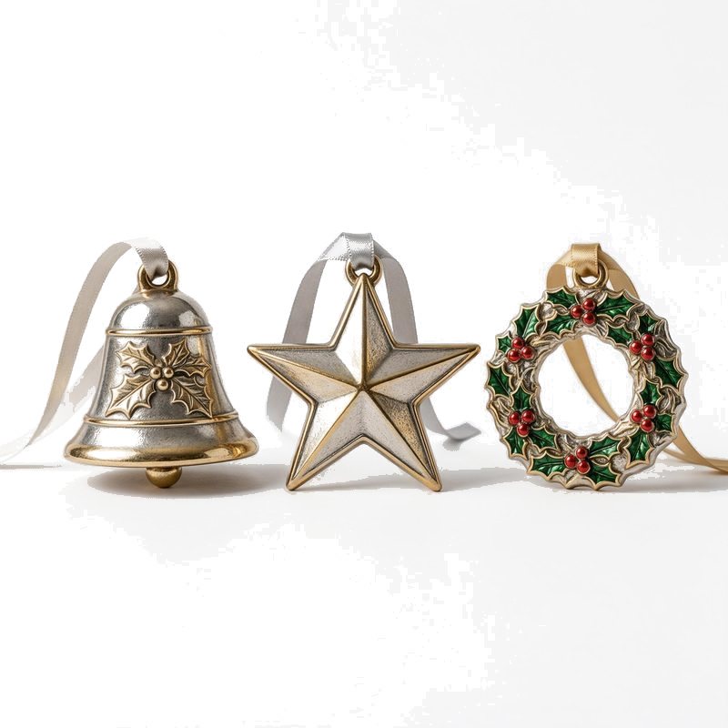 three custom metal christmas ornaments: a bell with holly relief, a five point star and a wreath with red enamel berries