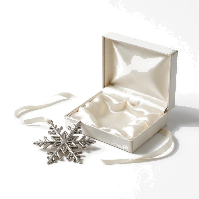 metal snowflake christmas ornament beside its open cream lined gift box and satin ribbon