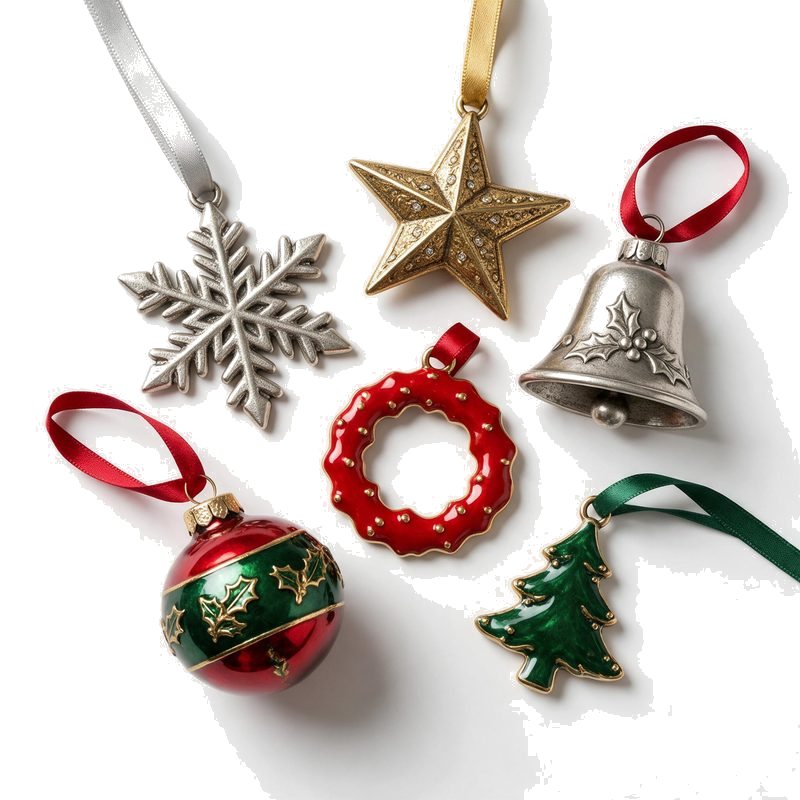 six assorted custom metal christmas ornaments laid out flat: snowflake, star, bell, wreath, bauble and tree