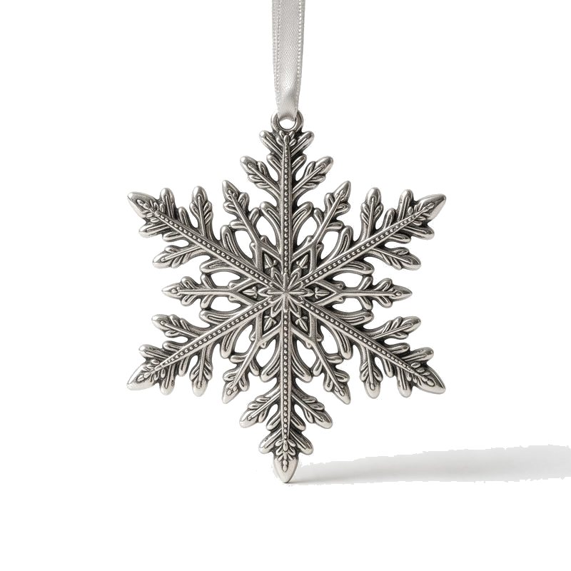 custom die-cast metal christmas ornament shaped like a detailed snowflake in antique silver with a satin ribbon loop
