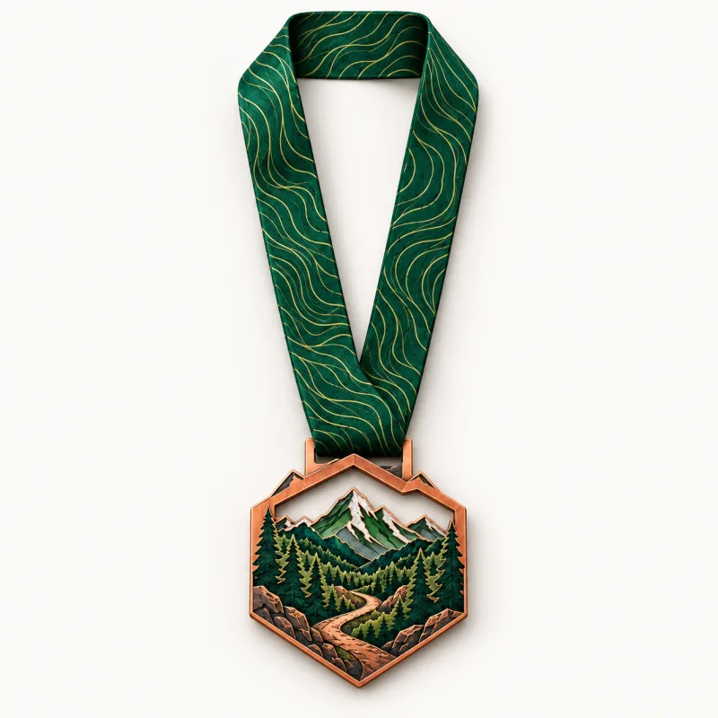 Beyond the Summit medal design — front view with complete satin neck ribbon