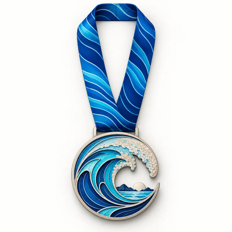 Coastal Miles medal design — front view with complete satin neck ribbon