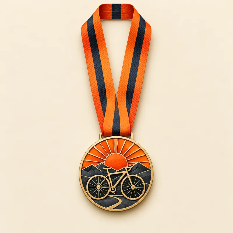Chase the Sunrise medal design — front view with complete satin neck ribbon