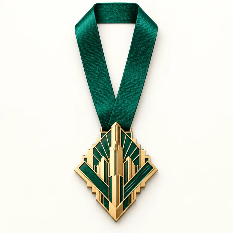 Emerald Avenue medal design — front view with complete satin neck ribbon