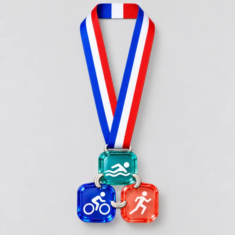 Tri Colour Link medal design — front view with complete satin neck ribbon
