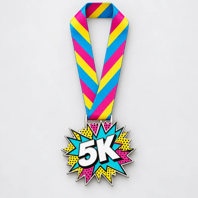 Pop Dash 5K medal design — front view with complete satin neck ribbon