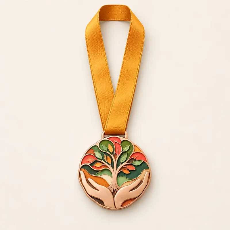 Hands for Tomorrow medal design — front view with complete satin neck ribbon
