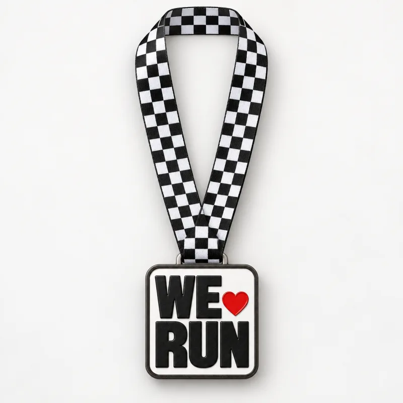 We Run Together medal design — front view with complete satin neck ribbon