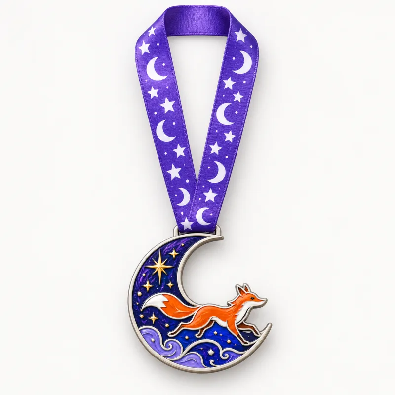 Moonlight Miles medal design — front view with complete satin neck ribbon