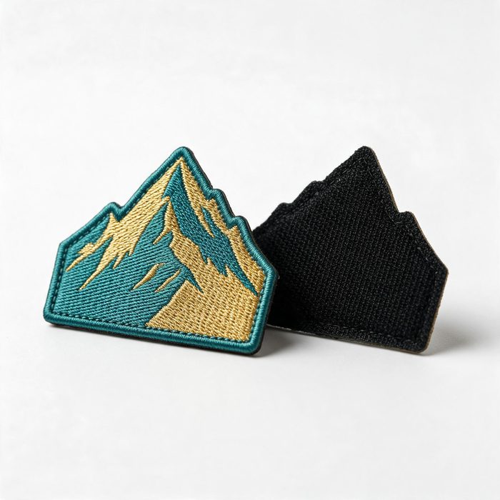 custom woven patch face up beside its hook-and-loop backing face down
