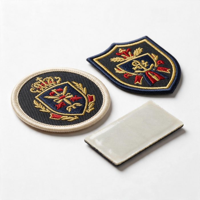 round, shield and rectangle custom patches with an iron-on backing shown on the reverse