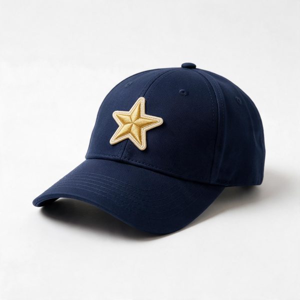 custom embroidered star patch stitched on the front of a navy baseball cap