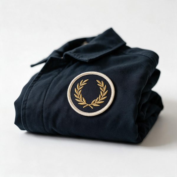 round embroidered laurel patch sewn on the chest of a navy workwear jacket