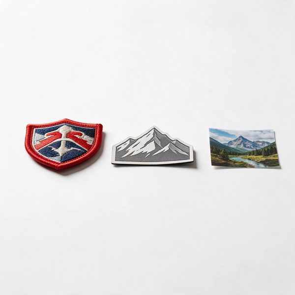 embroidered, woven and printed patches side by side showing the three constructions