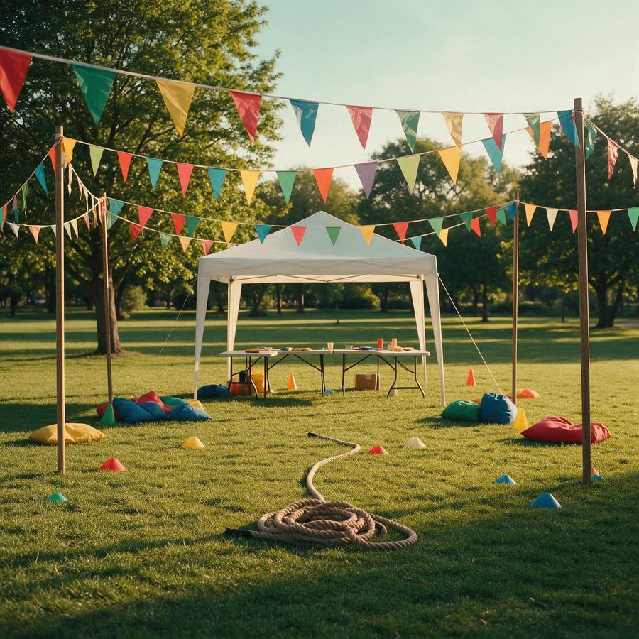 Company team building set-up with canopy, bunting and games