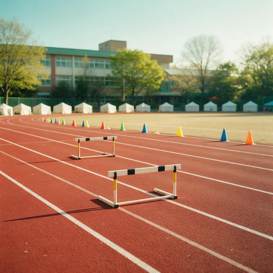 School sports day running track with hurdles, cones and tents