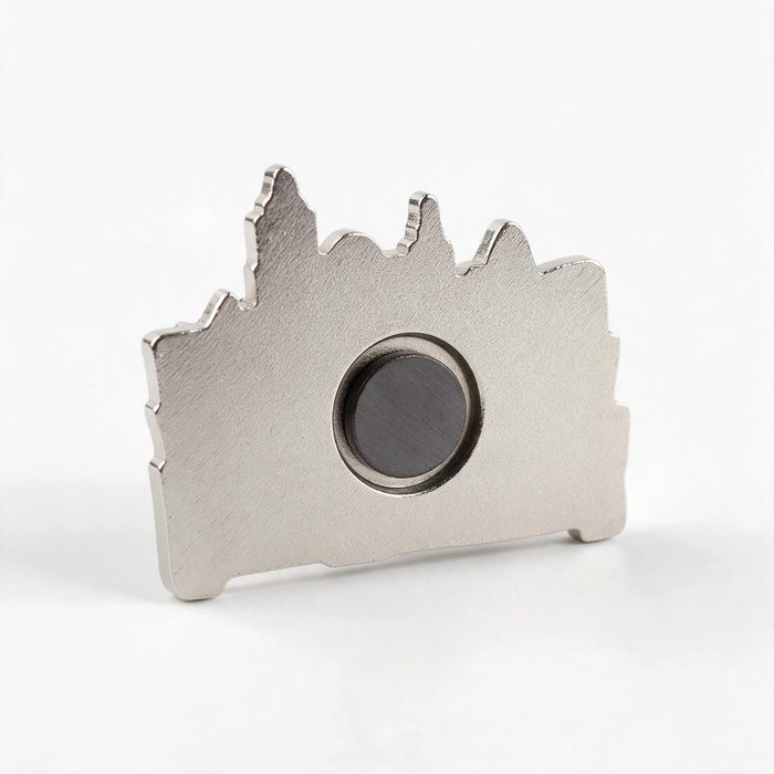 reverse of a die-cast souvenir magnet showing the round neodymium magnet set into a recessed cavity