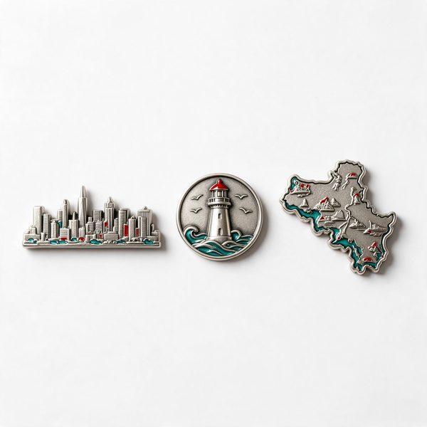 three custom die-cast souvenir magnets in skyline, round emblem and outline shapes with enamel accents
