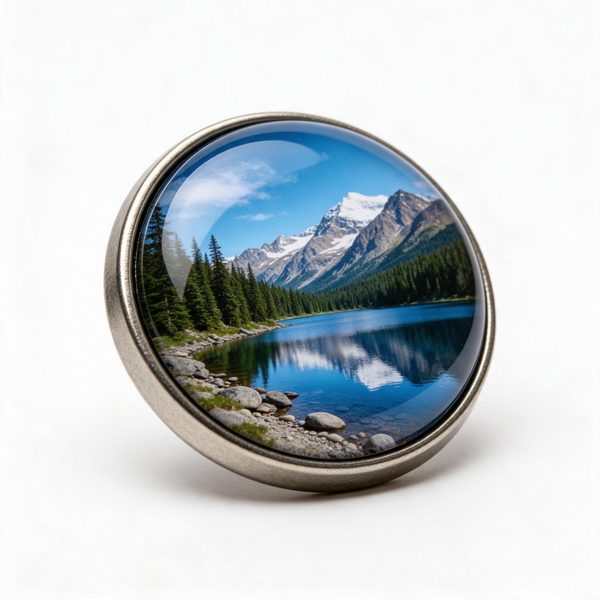 souvenir fridge magnet with a glossy printed epoxy dome covering a mountain and lake photograph