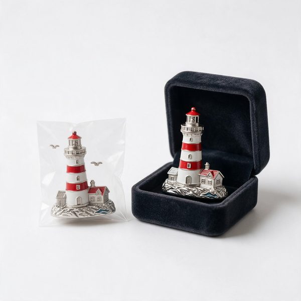 souvenir magnet supplied in a clear poly bag beside the same piece in a velvet gift box