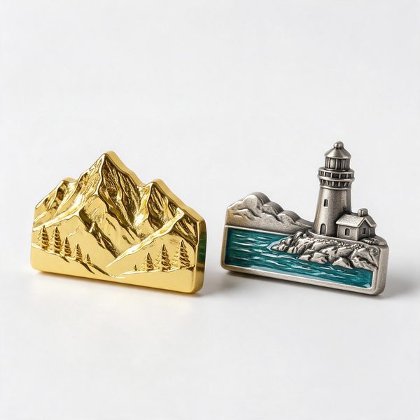 gold-plated mountain magnet and antique silver lighthouse magnet side by side showing two plating finishes