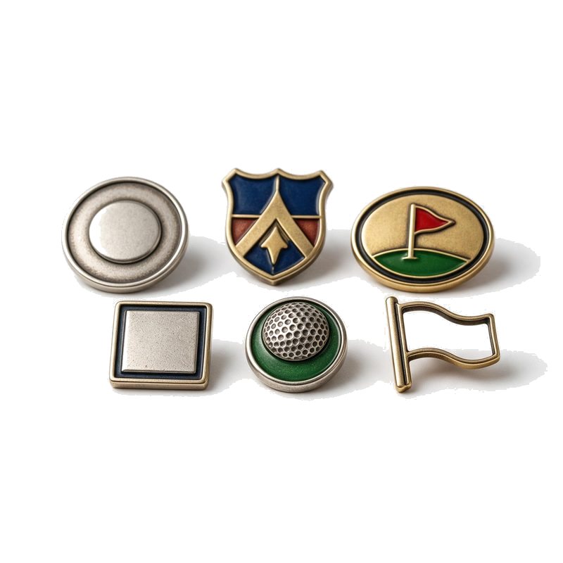 six custom golf ball markers in round, shield, oval, square, ball and cut-out flag shapes with enamel colour
