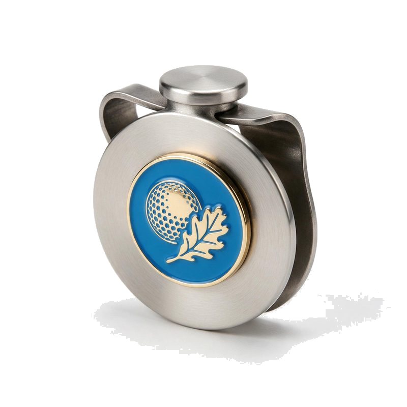 magnetic golf hat clip in brushed steel holding a round enamel golf ball marker