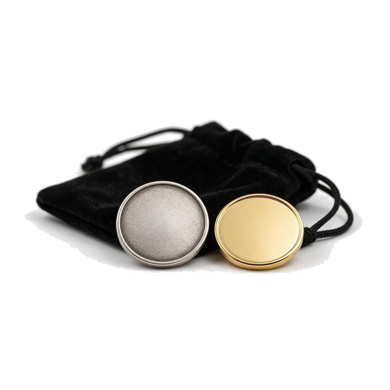 two golf ball markers in silver and gold beside a black velvet drawstring pouch