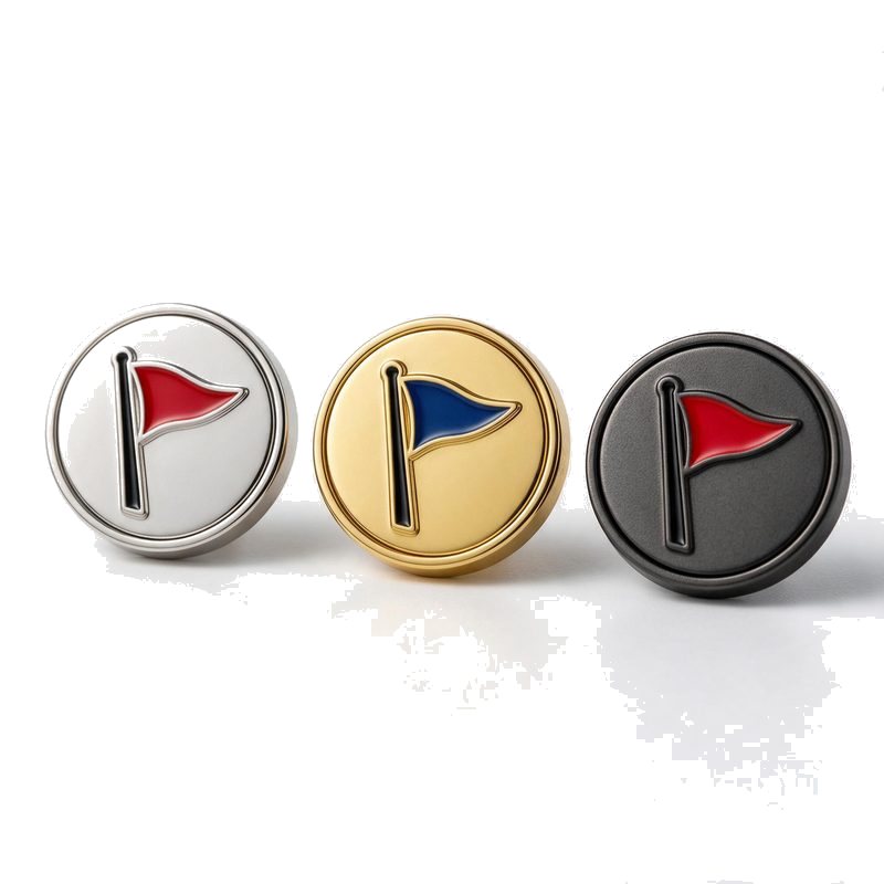 three round golf ball markers in polished silver, gold and matte black nickel finishes