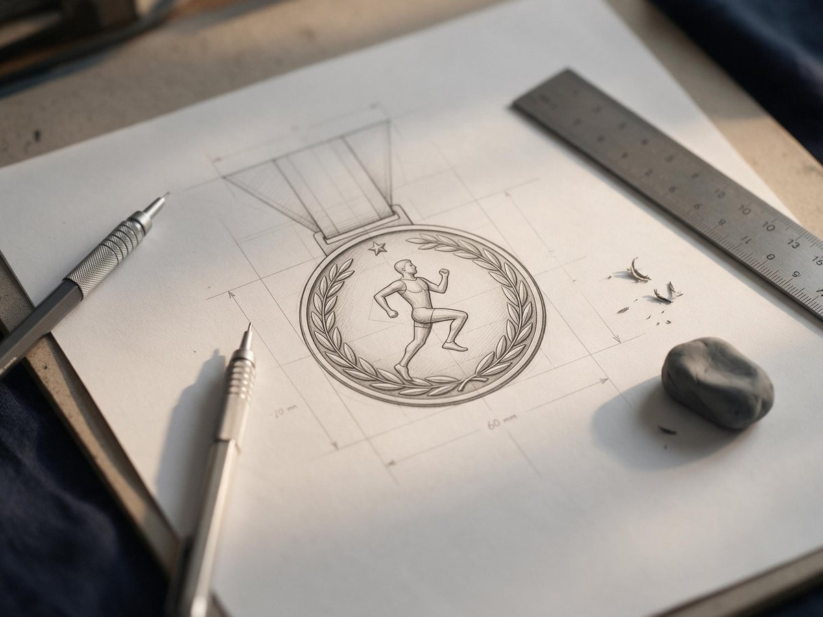 Pencil sketch of a custom medal design on a designer workbench