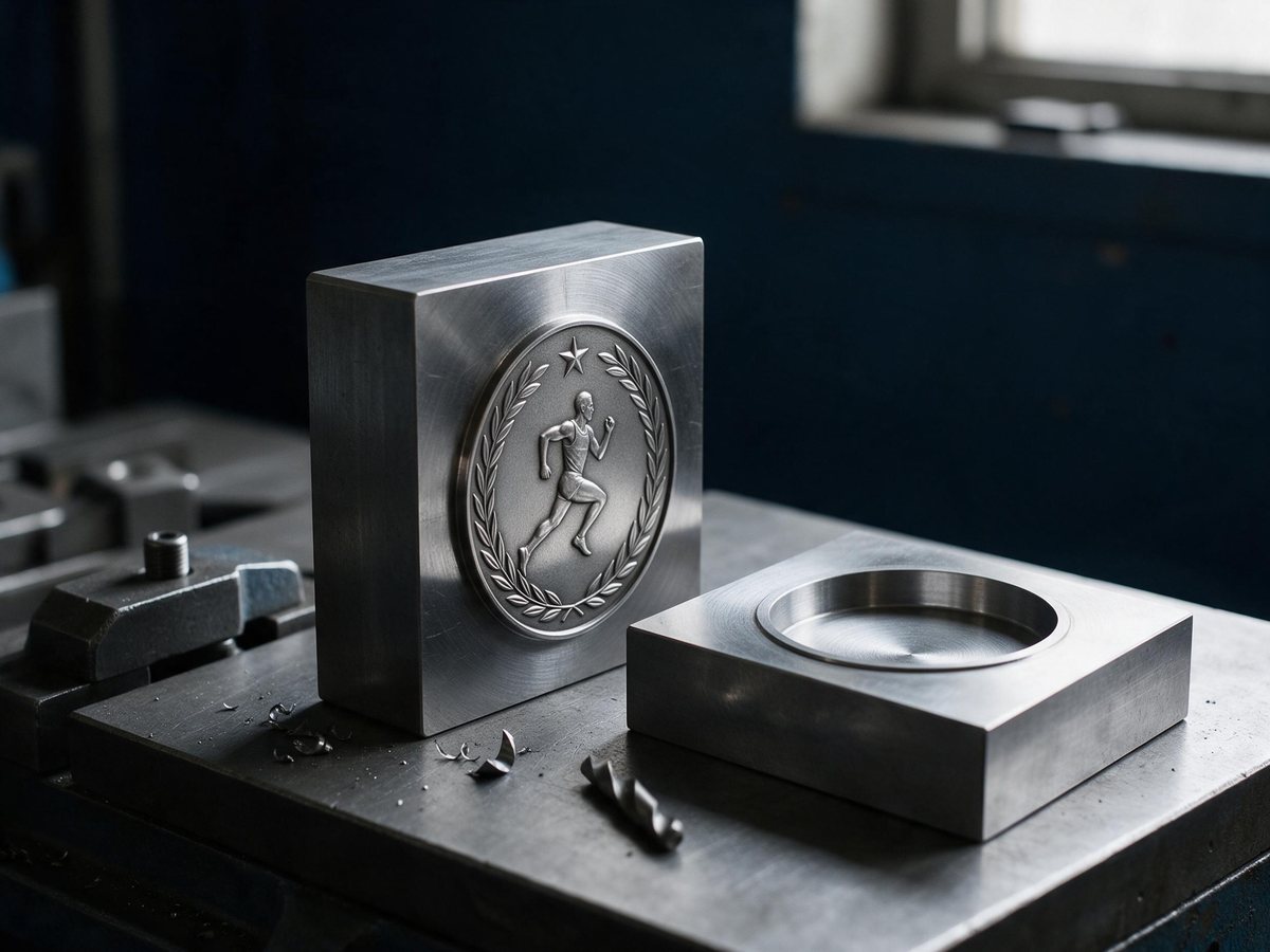 Steel medal die engraved with the medal design, next to its matching mold blank on a workshop bench