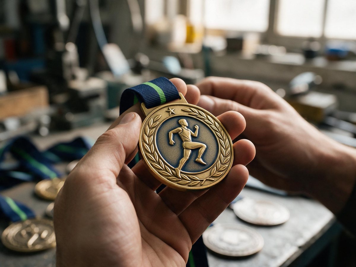 Finished gold custom medal held by a worker in the factory