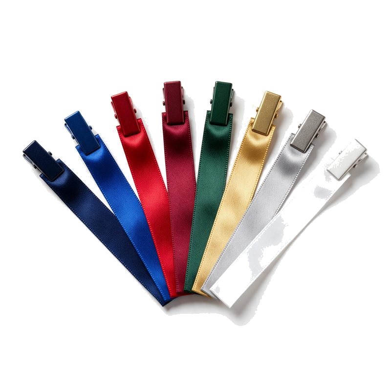 eight satin medal neck ribbons fanned out as a colour chart in navy, blue, red, burgundy, green, gold, grey and white