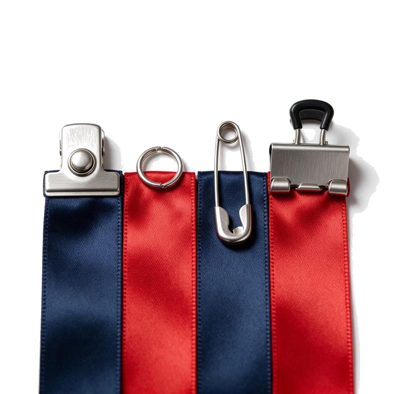 close-up of four ribbon ends with four attachments: snap clip, split ring, safety pin and bulldog clip