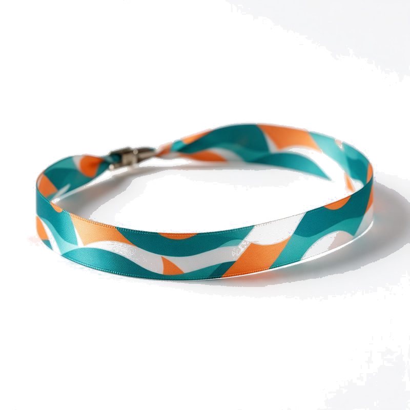 custom sublimation printed medal ribbon with a teal and orange geometric wave pattern