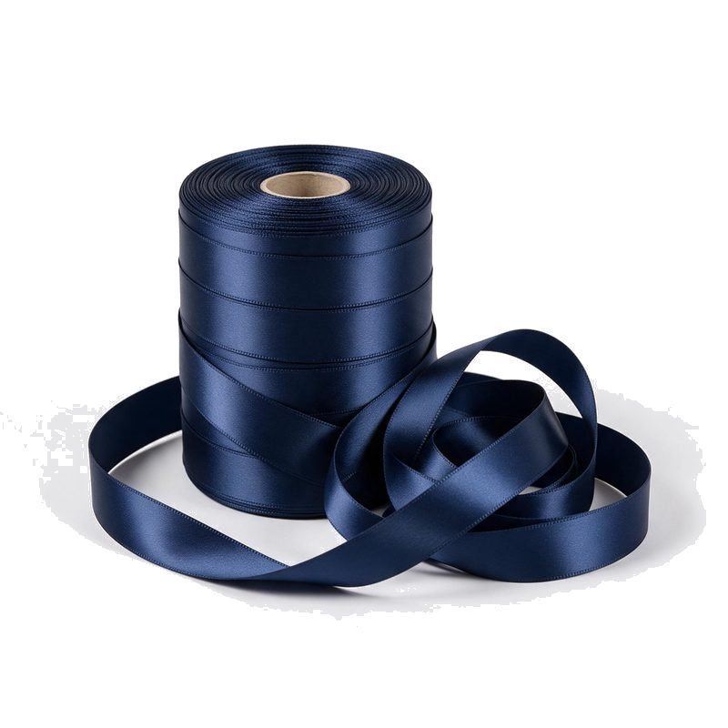 bulk roll of navy satin medal ribbon beside a coiled length of the same ribbon