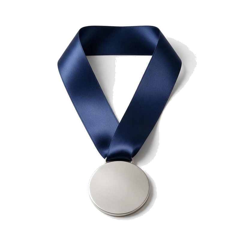 navy satin custom medal neck ribbon folded into a V with a plain round metal medal hanging from it