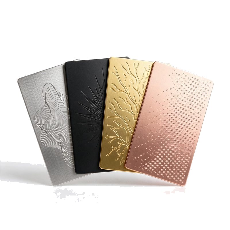 four metal business cards fanned out in brushed silver, matte black, gold and rose gold finishes