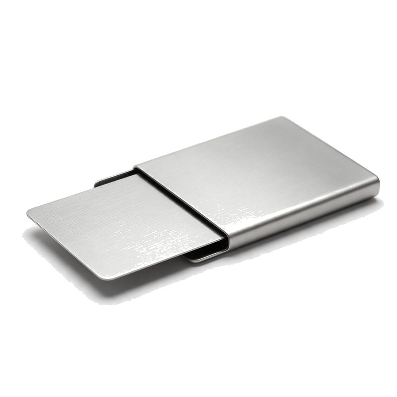 metal business card resting in an open slim brushed steel card holder