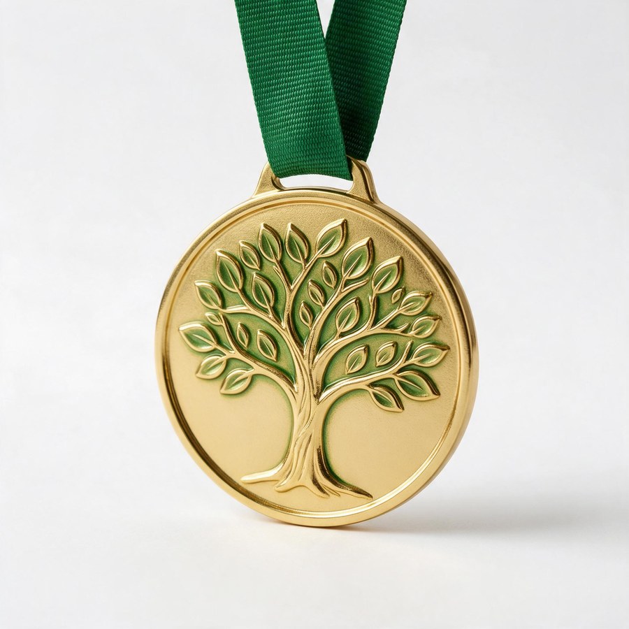 recycled zinc alloy medal with a raised tree relief and green woven ribbon