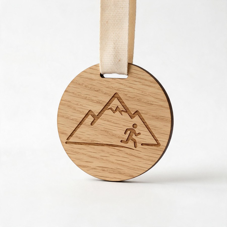 laser-engraved wooden medal with a natural cotton ribbon