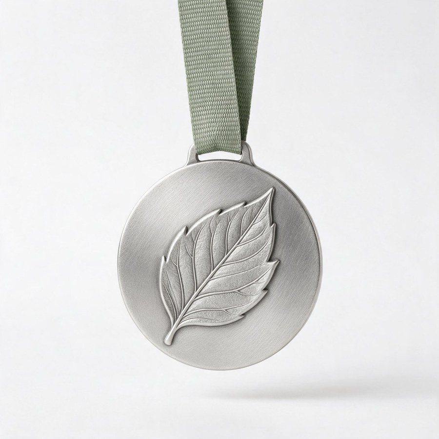 close-up of a woven RPET ribbon threaded through a medal bail