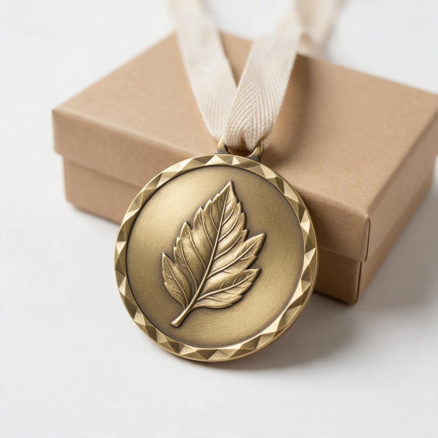 antique brass medal made from recycled metal in unprinted kraft paper packaging