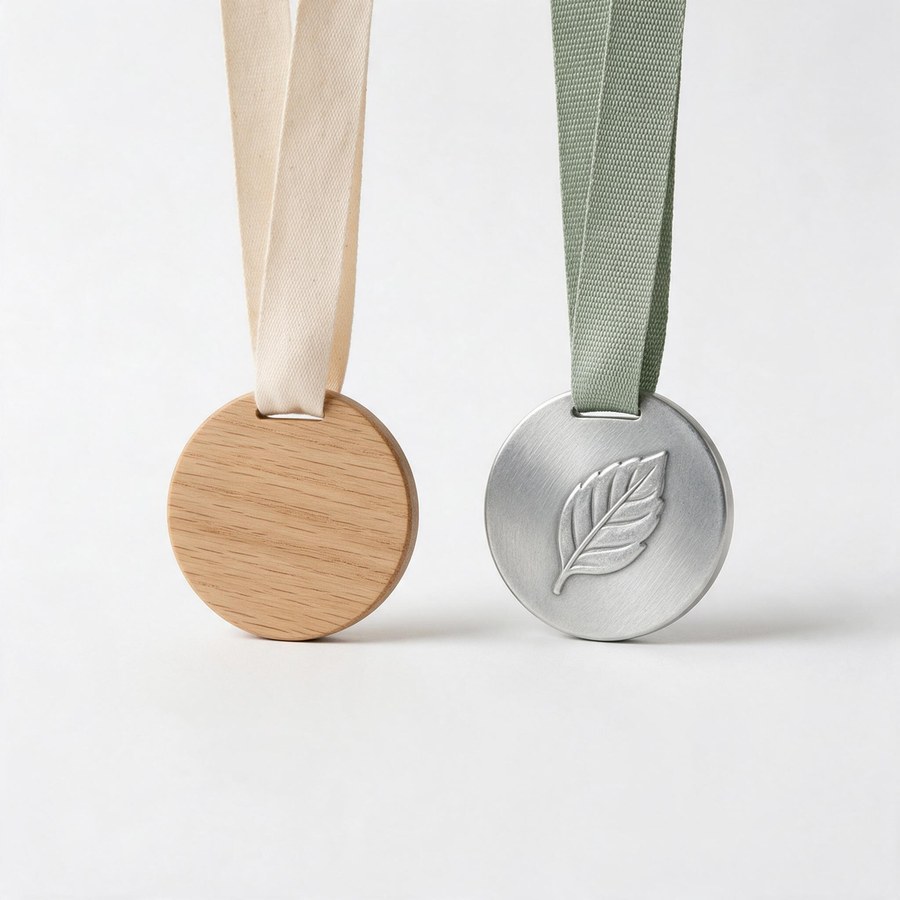 wooden medal and recycled zinc alloy medal side by side with cotton and RPET ribbons