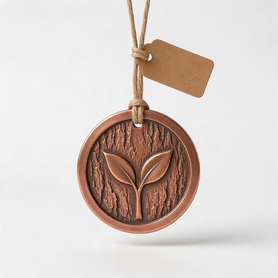 recycled copper medal with a bark texture on a natural hemp cord