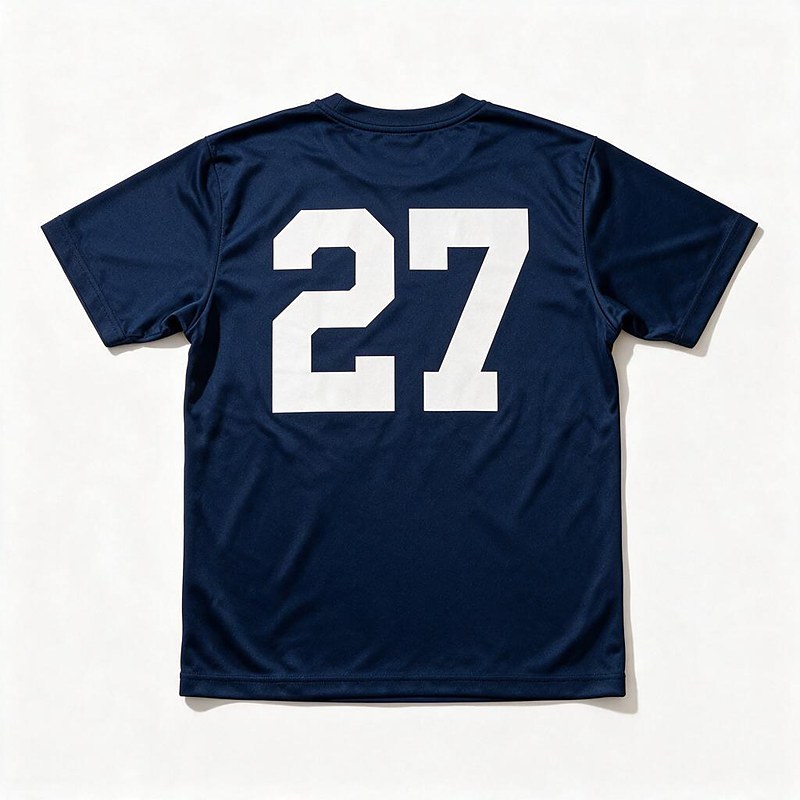 back of a navy race t-shirt with the race number 27 printed across the shoulders