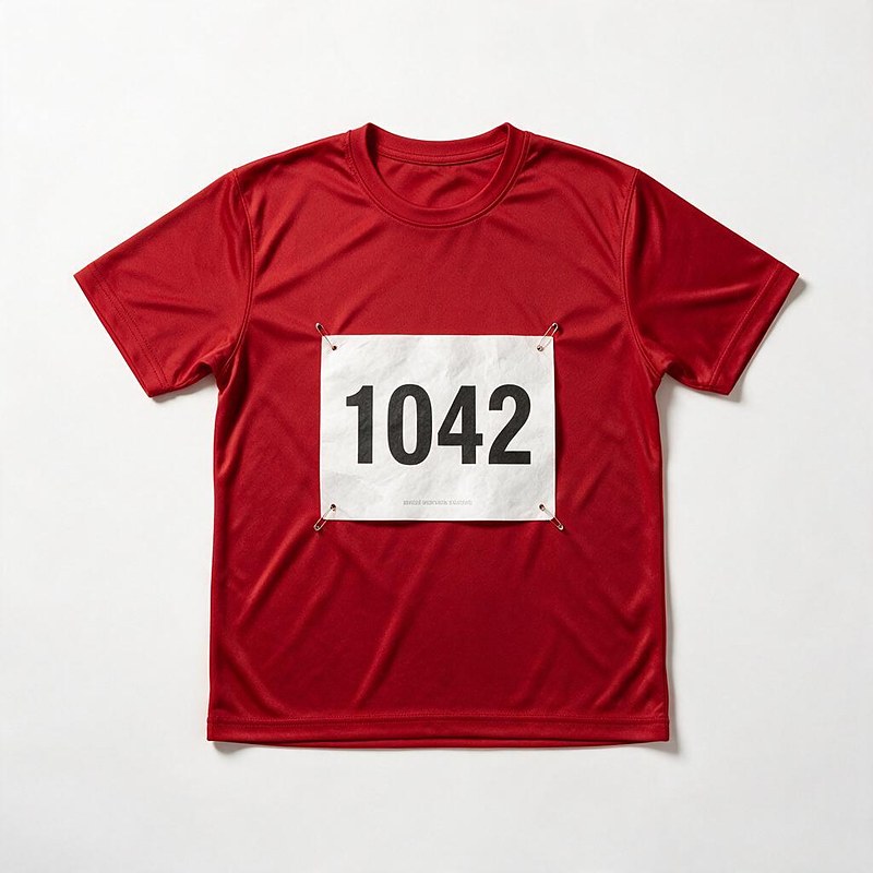 white Tyvek race bib number 1042 pinned to the chest of a navy race t-shirt