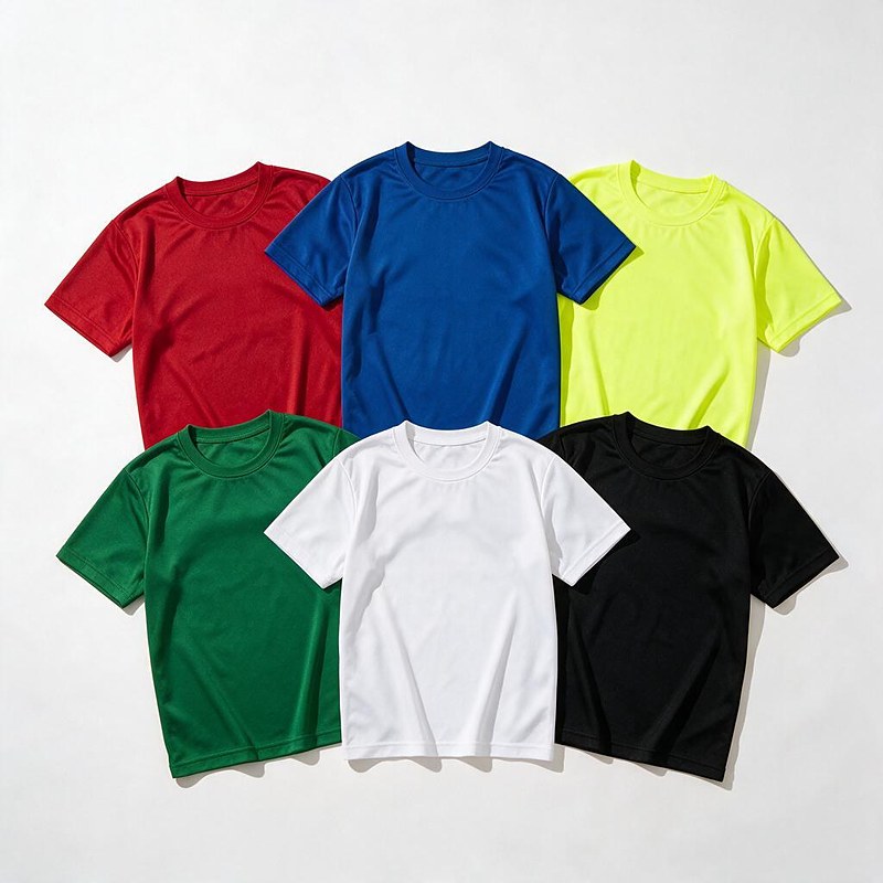 six race t-shirts in crimson, royal blue, fluorescent yellow, forest green, white and black