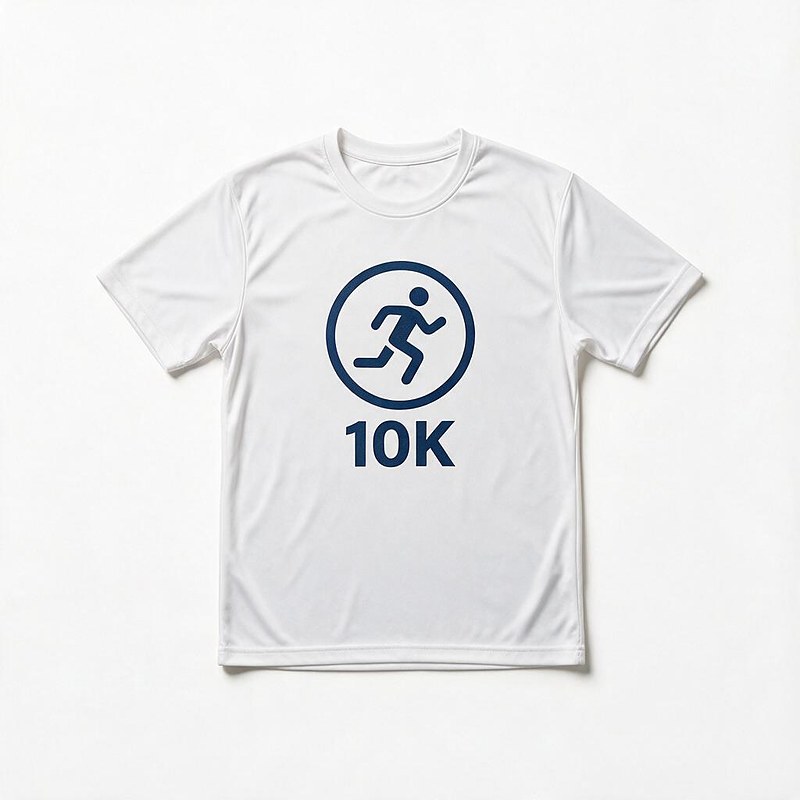 white race t-shirt with a printed event badge and 10K lettering on the chest