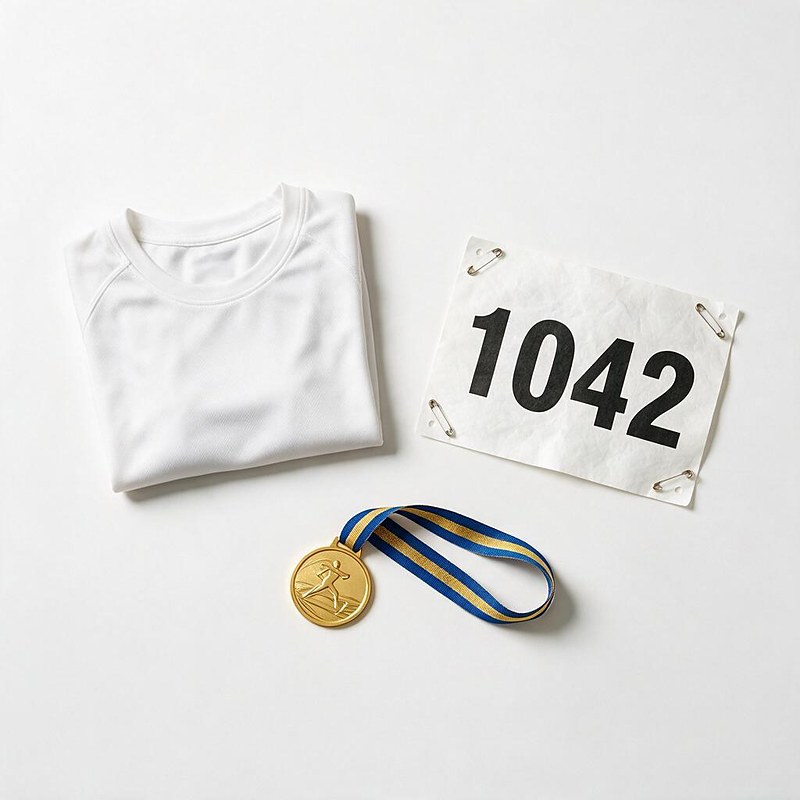 race kit flat lay: folded white race t-shirt, race bib numbered 1042 and a gold medal on a striped ribbon